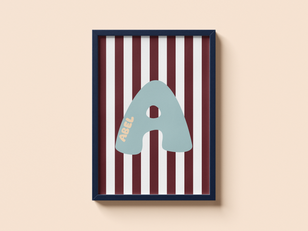 Poster initiaal met naam - Bordeaux & lichtblauw