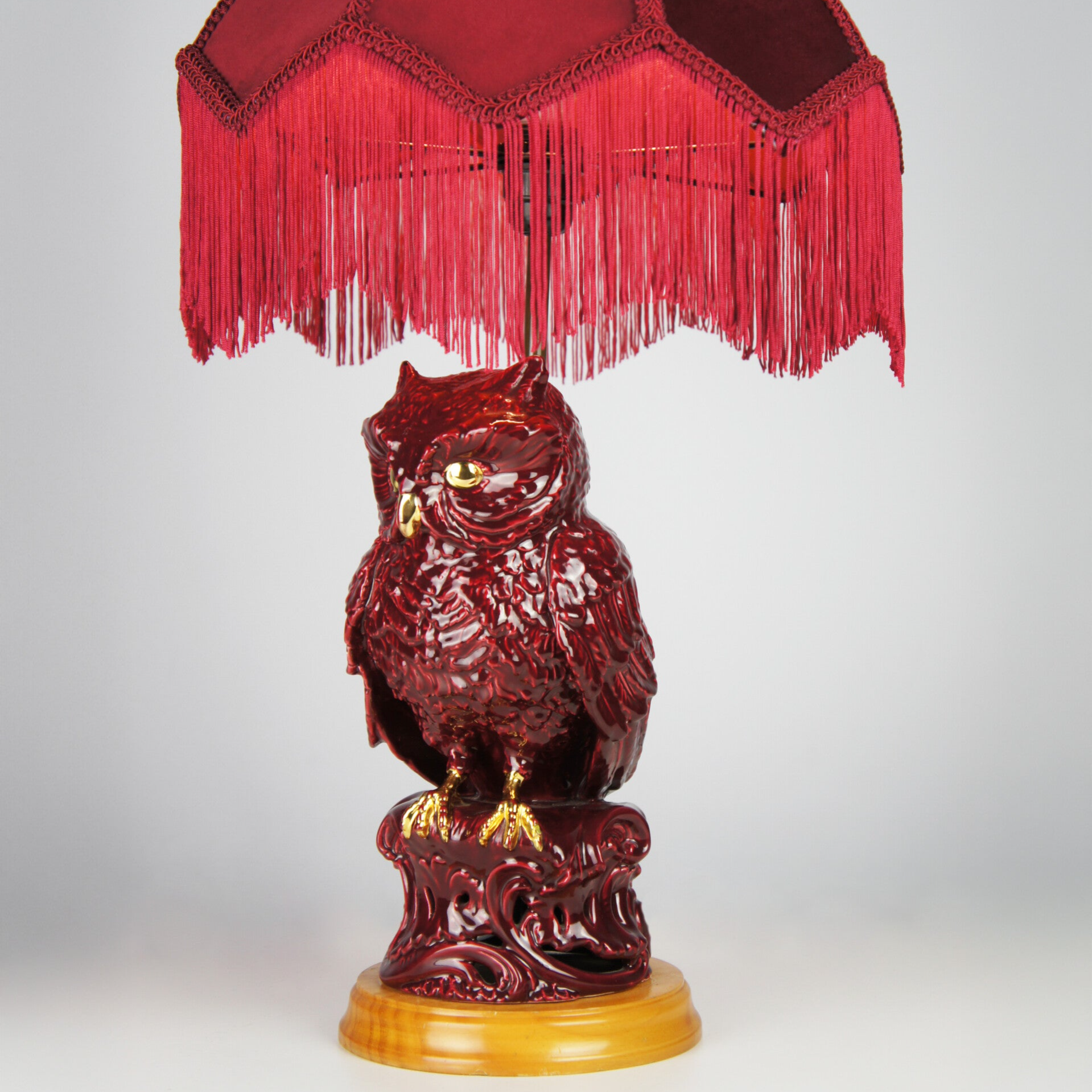 Red Glazed Ceramic Owl Table Lamp - 70s
