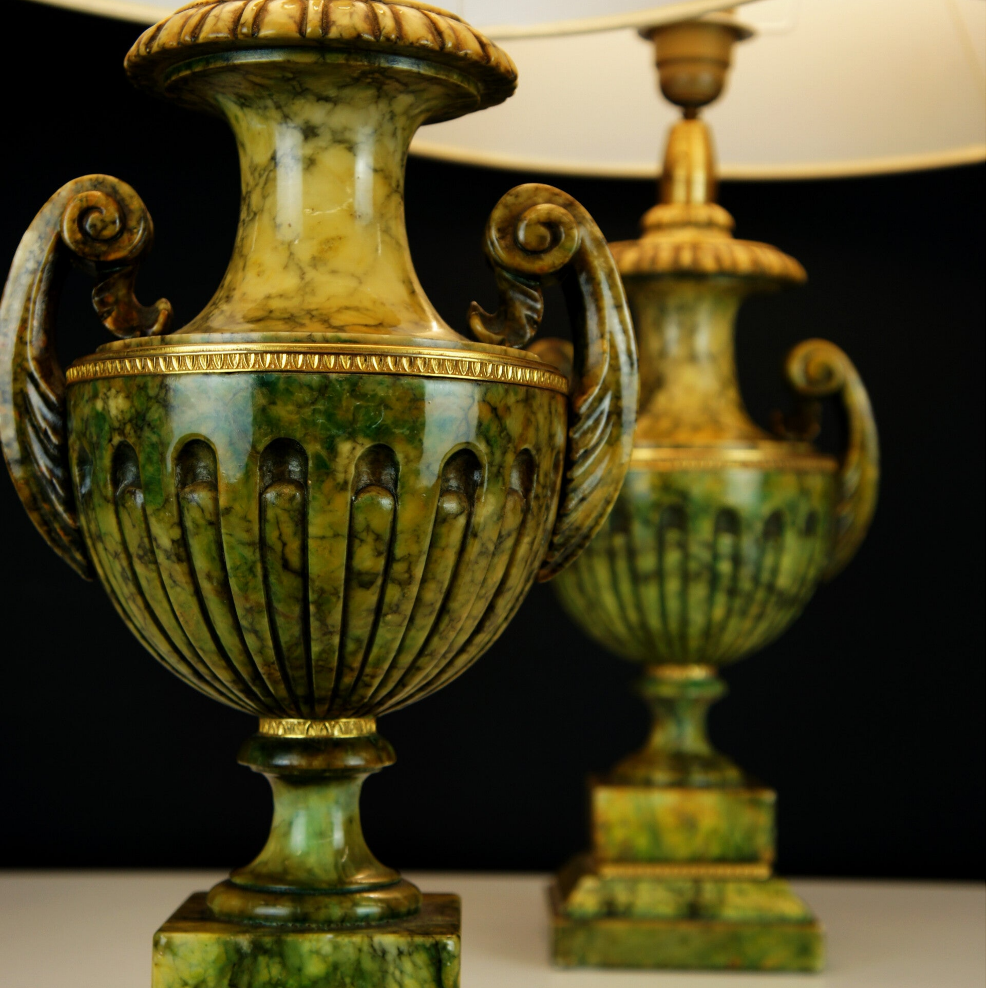 George III - Green Carved Alabaster Urn Table Lamps