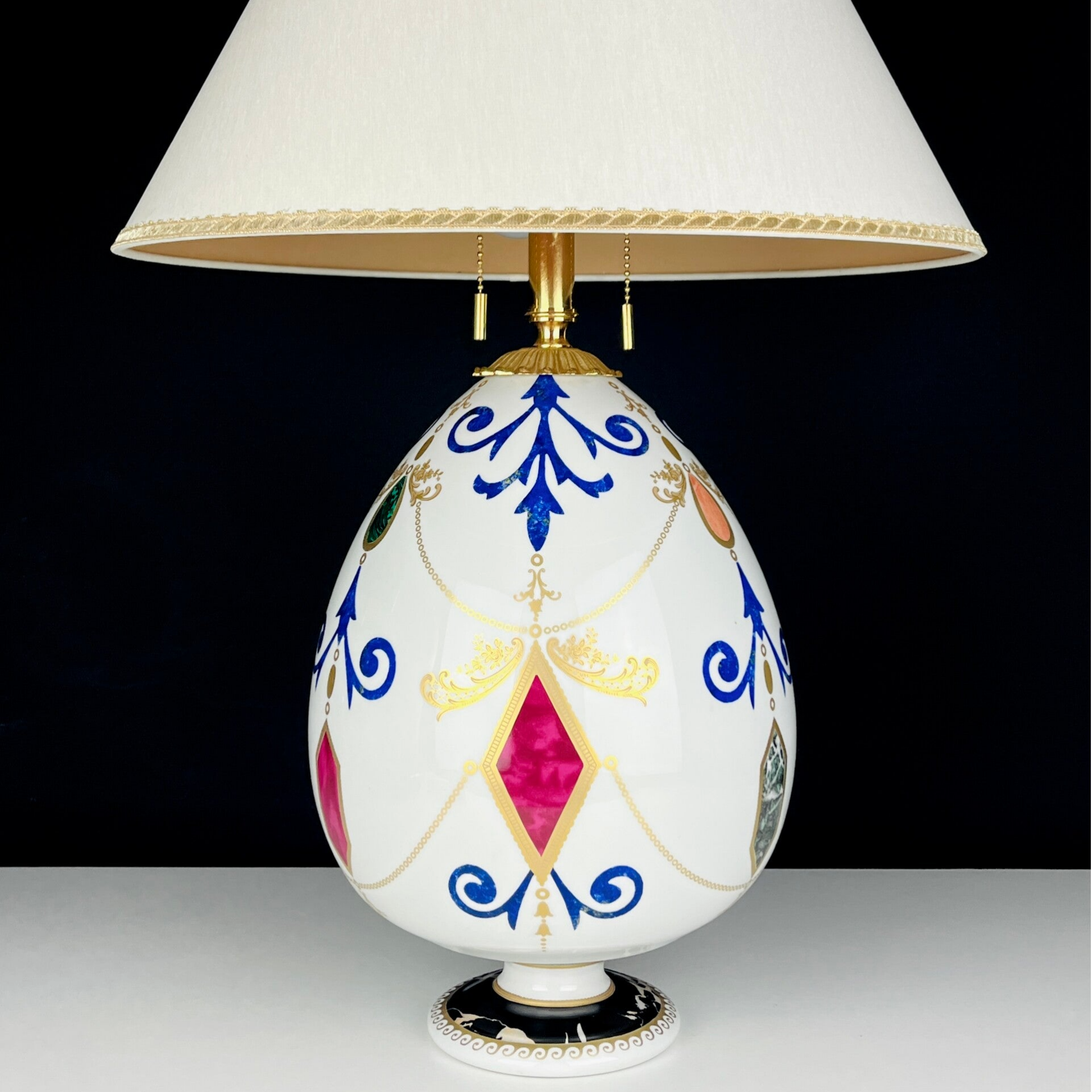 Giulia Mangani - New Egg Table Lamp - Pietra Dura Style,  Inlay Malachite & Marble