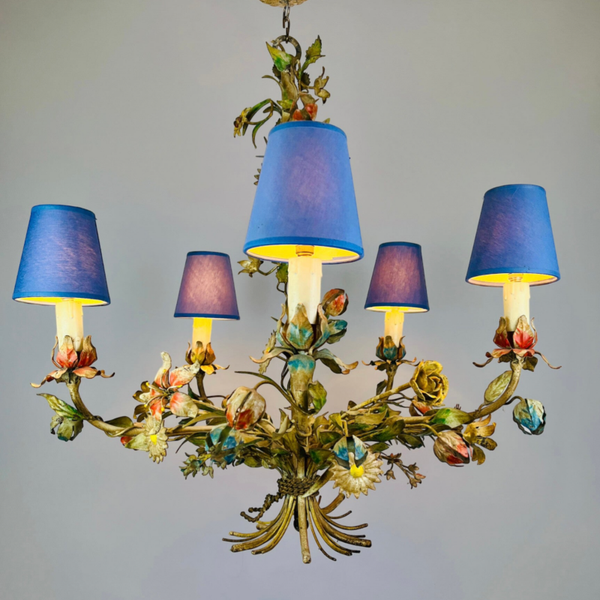 Italian Tole Chandelier - 1950s - Colorful Floral Bouquet - Blue Caps