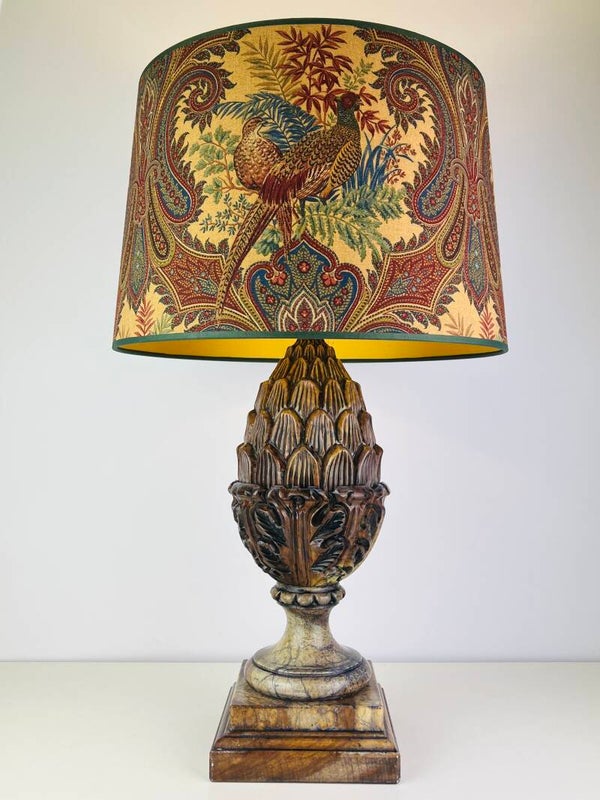 Pine Cone Table Lamps in Alabaster - Lampshade with Pheasants - 70s