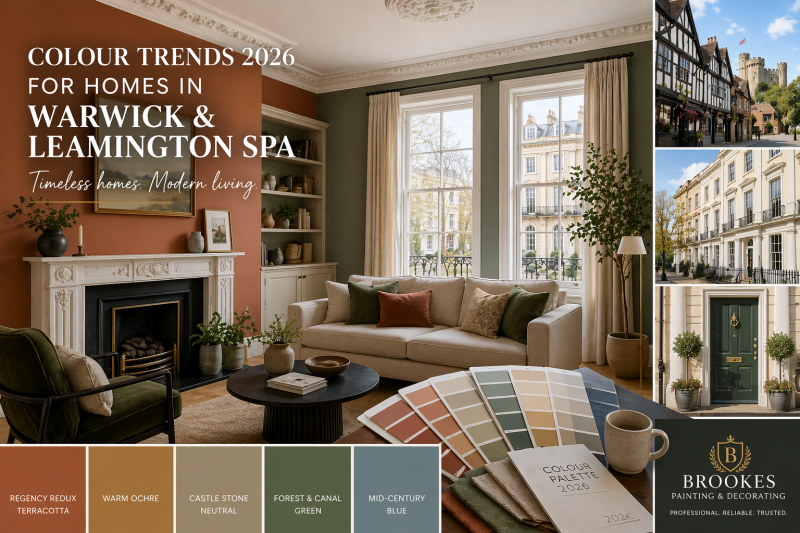 Modern UK living room with terracotta and green paint trends in Warwick and Leamington Spa homes