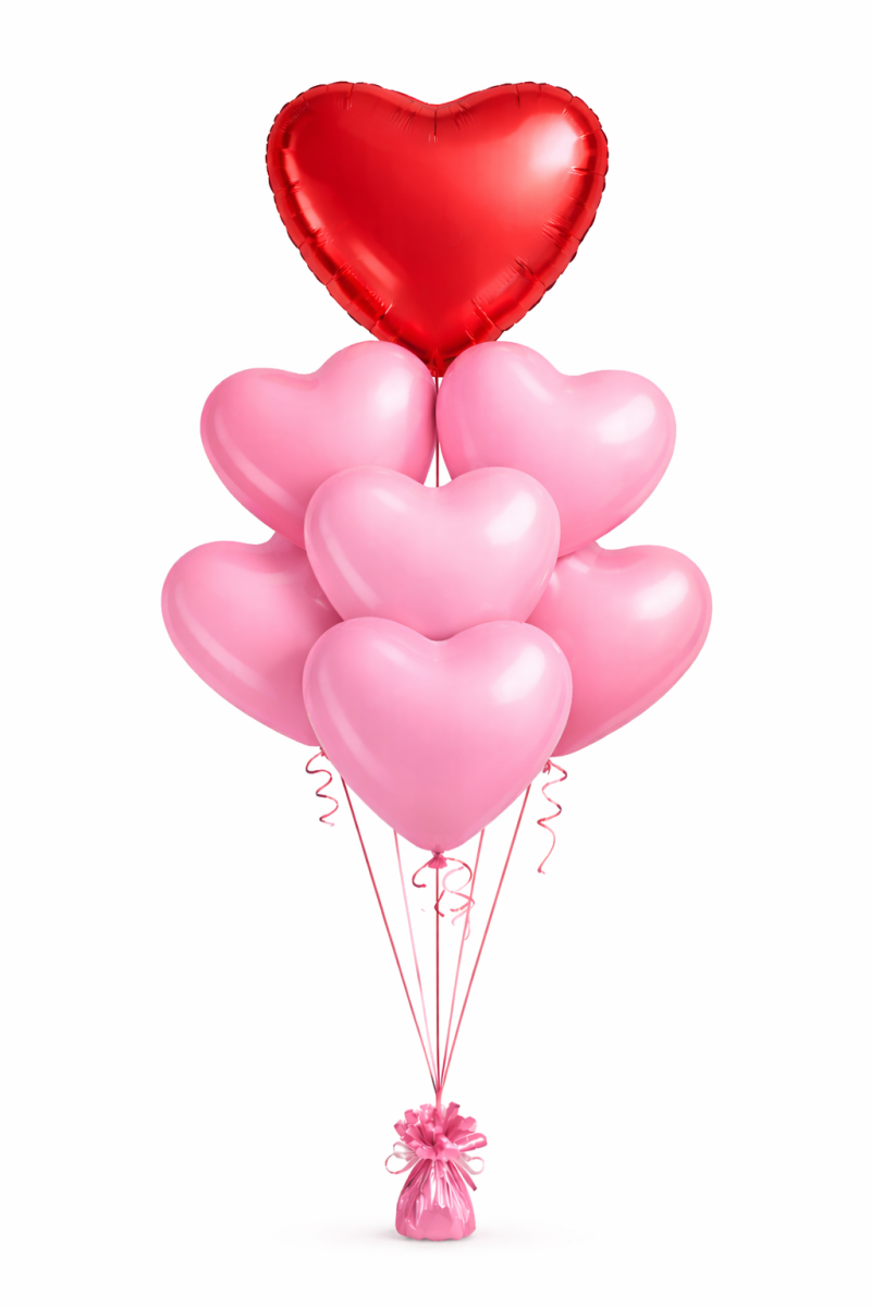 Hartjes tros Rood Folie hart en 6 roze Hartjes | Liefde & Valentijn | inc helium lint en gewichtje