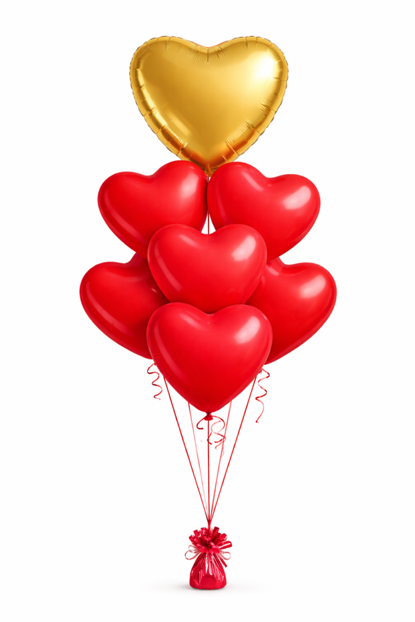 Hartjes tros Goud Folie hart en 6 rode Hartjes | Liefde & Valentijn | inc helium lint en gewichtje