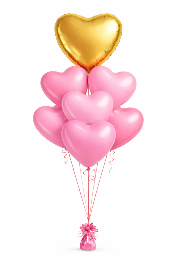Hartjes tros Goud Folie hart en 6 roze Hartjes | Liefde & Valentijn | inc helium lint en gewichtje