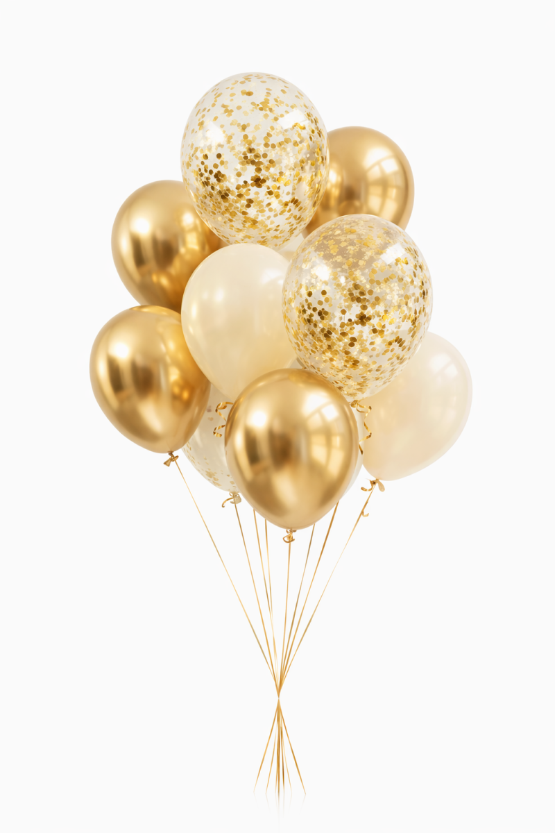 Ballonnentros Royal Vip Special | 9 stukst | Inclusief helium, lint en gewichtje | Chrome Goud met Clear Bubble | Goud & Crème Wit