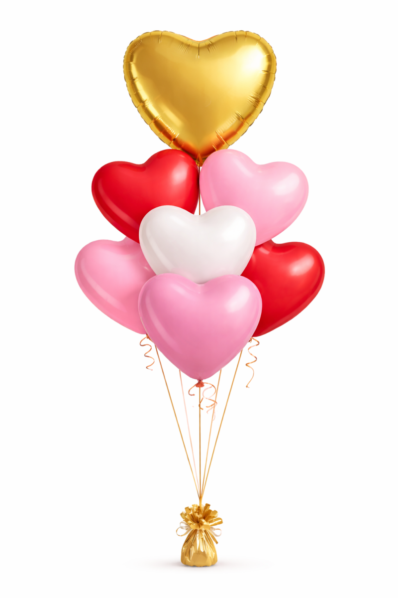 Hartjes tros Goud Folie hart en 6 gemende Hartjes | Liefde & Valentijn | inc helium lint en gewichtje