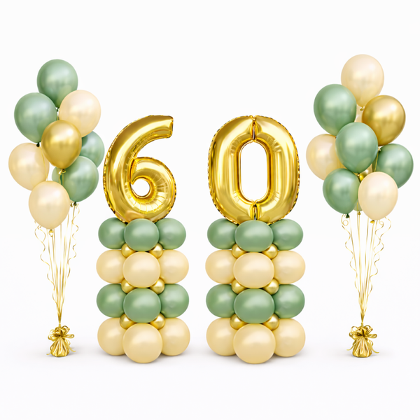 Cijfer naar Keuze Pilaren middel + twee Ballontrosjes Royal Chrome Forest | Goud Groen