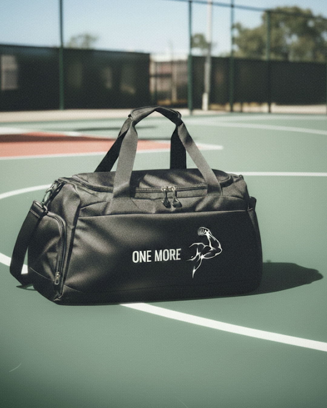 zwarte fitness duffelbag sporttas van One More Fitness Nederland