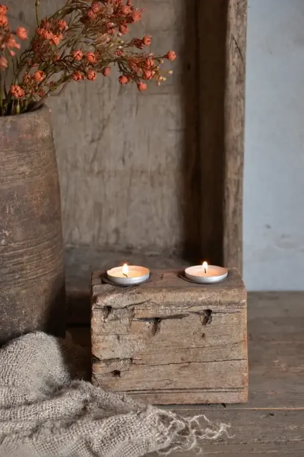 Rustieke houten theelichthouder – 2 lichtjes