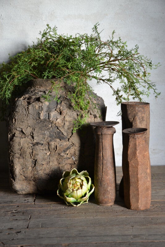 Set van 3 oude houten kandelaars