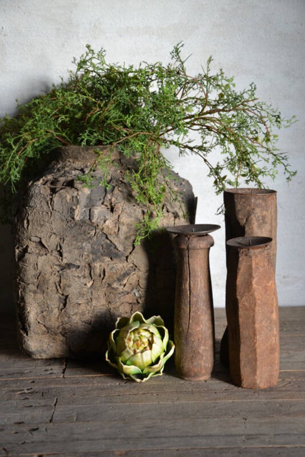 Set van 3 oude houten kandelaars