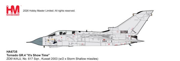 Hobby Master HA6735 | 🇬🇧 Panavia Tornado GR.4 "It's Show Time" ZD614/AJJ, No. 617 Sqn., Kuwait 2003 (w/2 x Storm Shadow missiles)