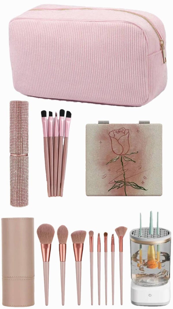 Pink Makeup Bag & Brush Cleaner Box