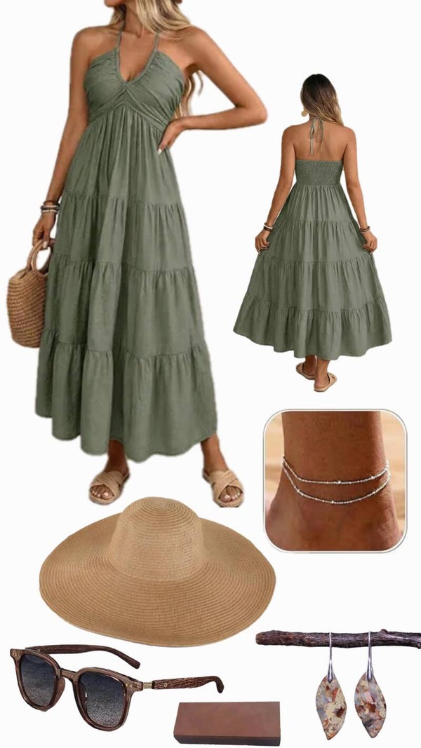 Woman's XL Green Bohemian-Style Summer Dress Box