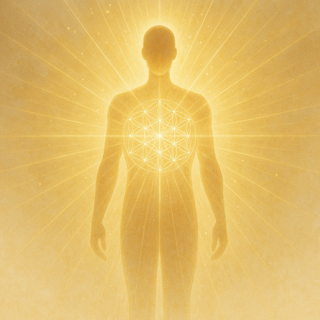 Light shining from within a human body creating an aura of light 