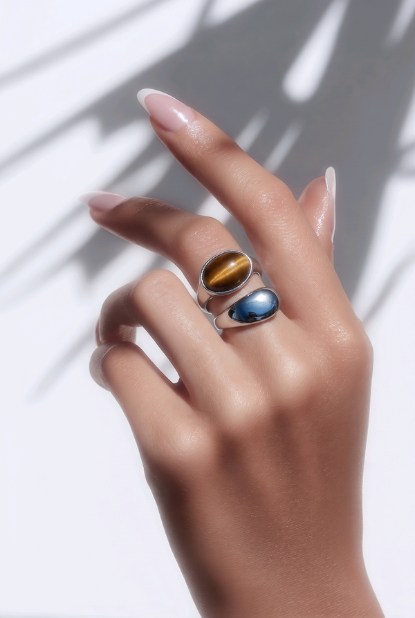 Bague réglable pierre œil de tigre argenté