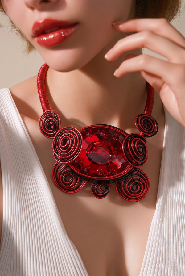 Collier cabochon rouge en verre