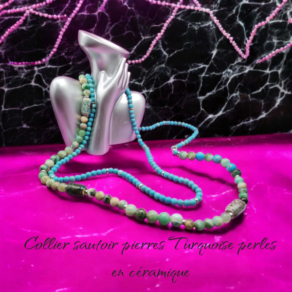 Collier 215 sautoir pierres Turquoise