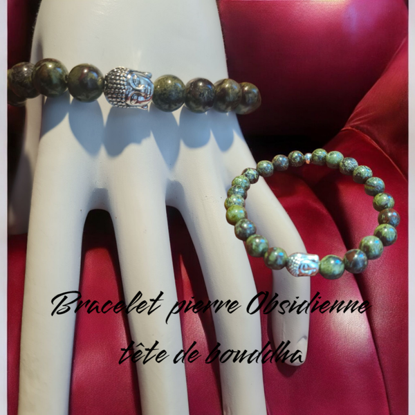 Bracelet 329 pierre Obsidienne AAA 8mm tête de bouddha
