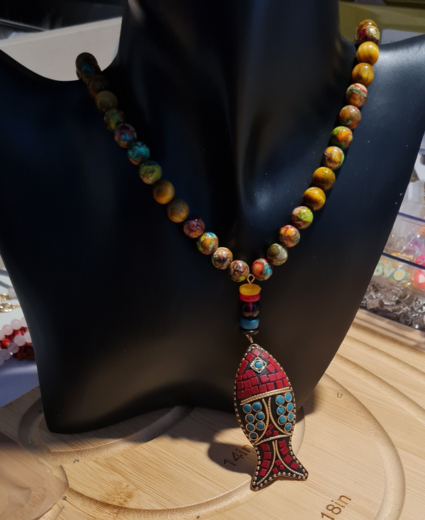 Collier 420 poisson pierre Unakite pierre de Lune