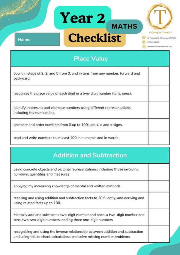 Maths Checklist for Year 2