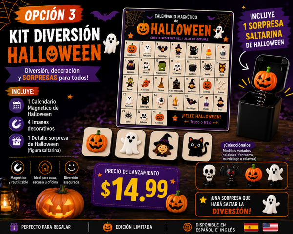 🎃 Kit Halloween Diversión 👻  Celebra Halloween con este divertido kit temático diseñado para decorar, coleccionar y disfrutar en familia.