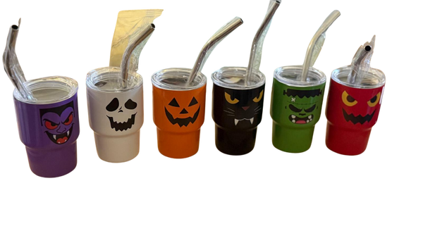 Halloween Mini Tumbler with Straw | 3 oz Stainless Steel Mini Cup | Pumpkin Ghost Bat Skeleton | Party Favor | Halloween Gift