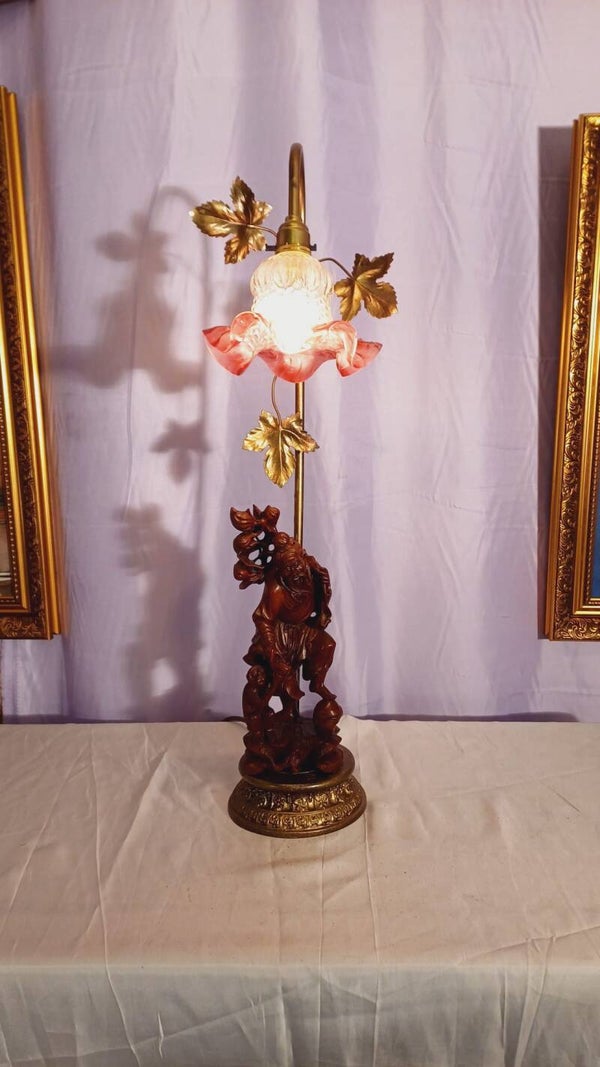 Chinese carved Rosewood Immortal figurine lamp