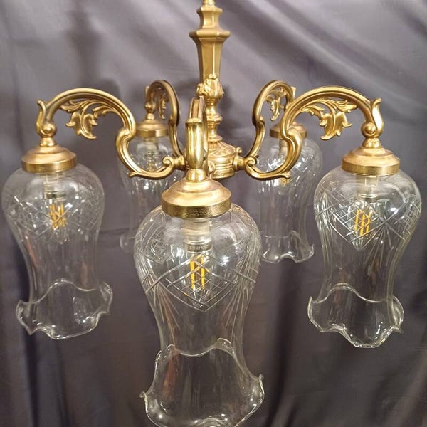 Ornate vintage gothic gold 5 arm chandelier