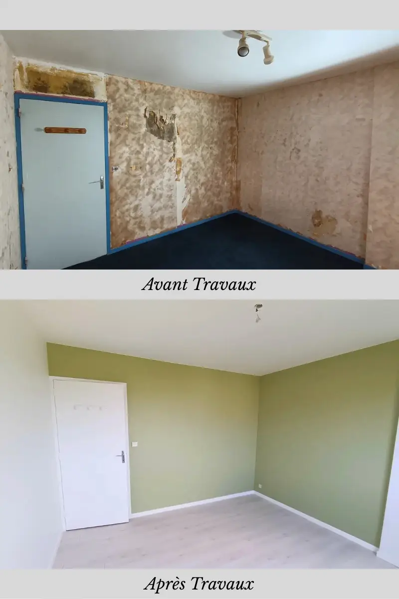 Rénovation intérieure Annecy : chambre après travaux peinture verte et parquet clair – avant murs abîmés