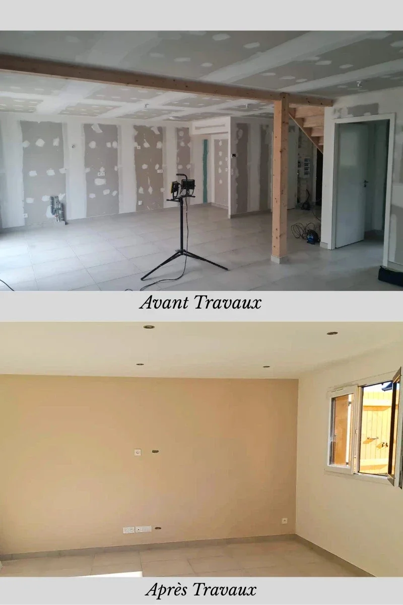 Création d'une tête de lit sur mesure avec niches et application de peinture mate et velours terracotta dans une maison neuve