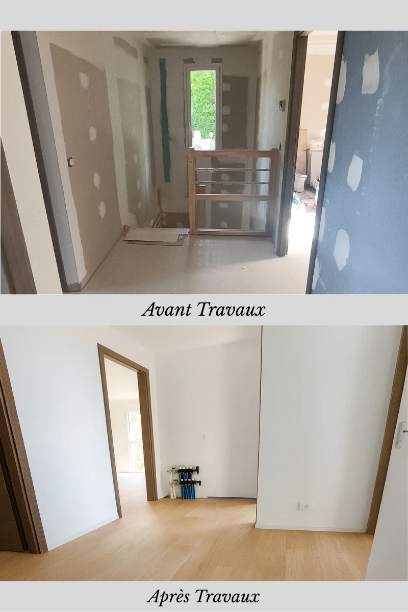 Second œuvre dans une maison neuve à Choisy (74330) : finitions de peinture blanche, pose de parquet flottant et huisseries en bois.