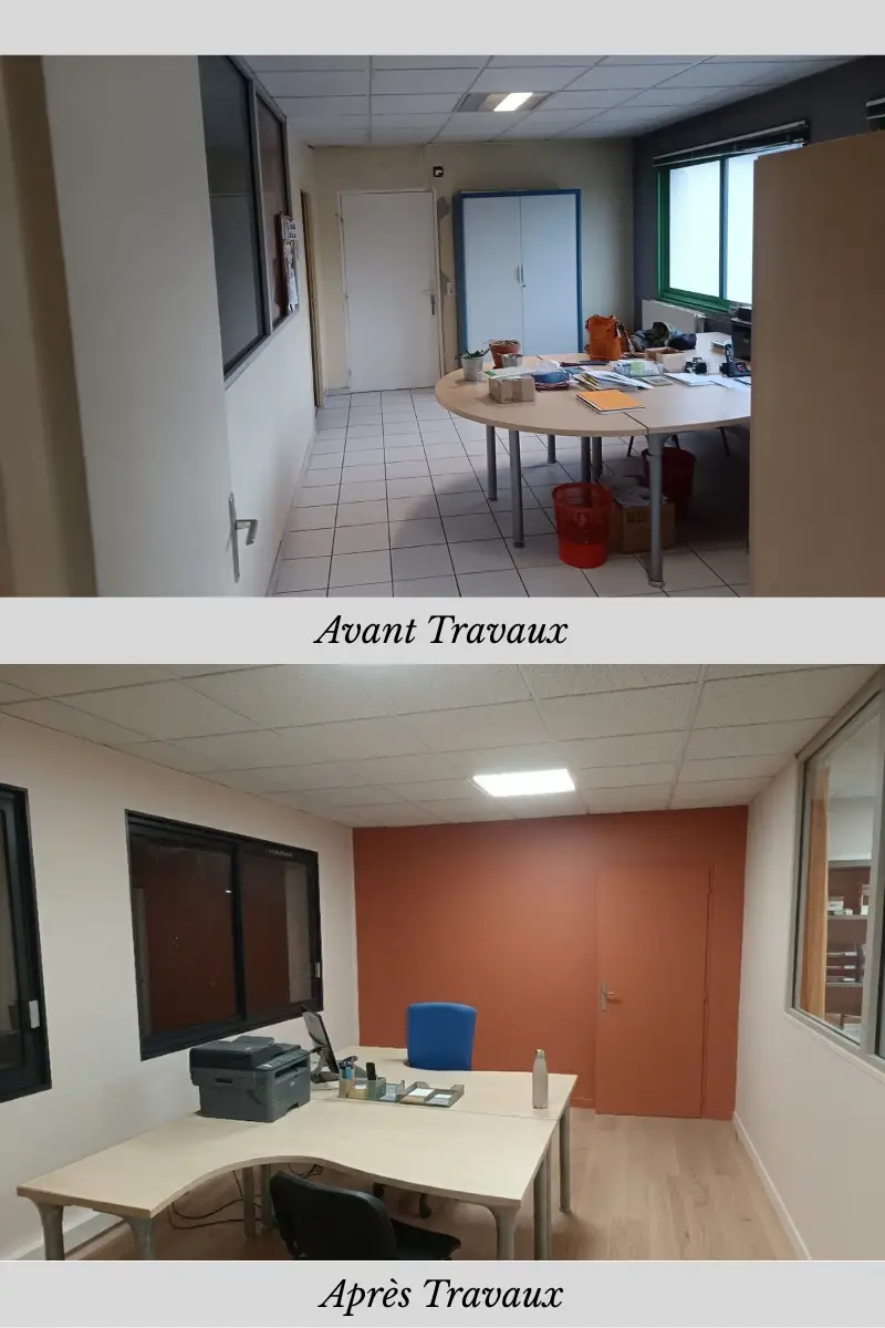 vant après rénovation de bureaux à Chavanod : moquette murale grise remplacée par des murs lisses