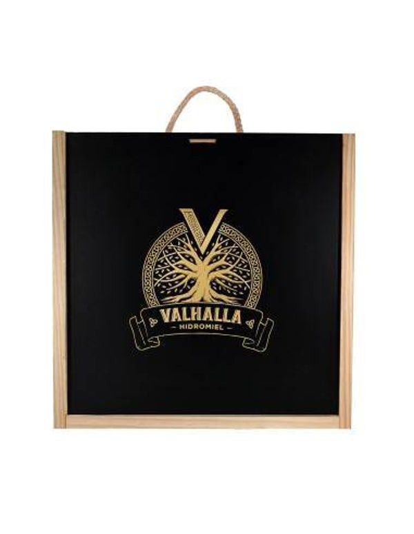 Estuche de madera con surtido de cuatro botellas de 75cl de Valhalla hidromiel.