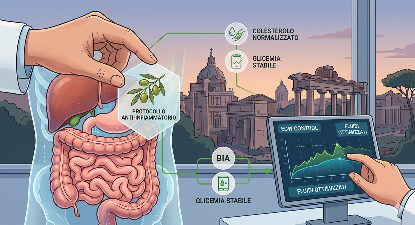 Illustrazione medica che mostra l'applicazione di protocolli anti-infiammatori alimentari per la gestione dei disturbi gastrointestinali e del metabolismo a Roma.