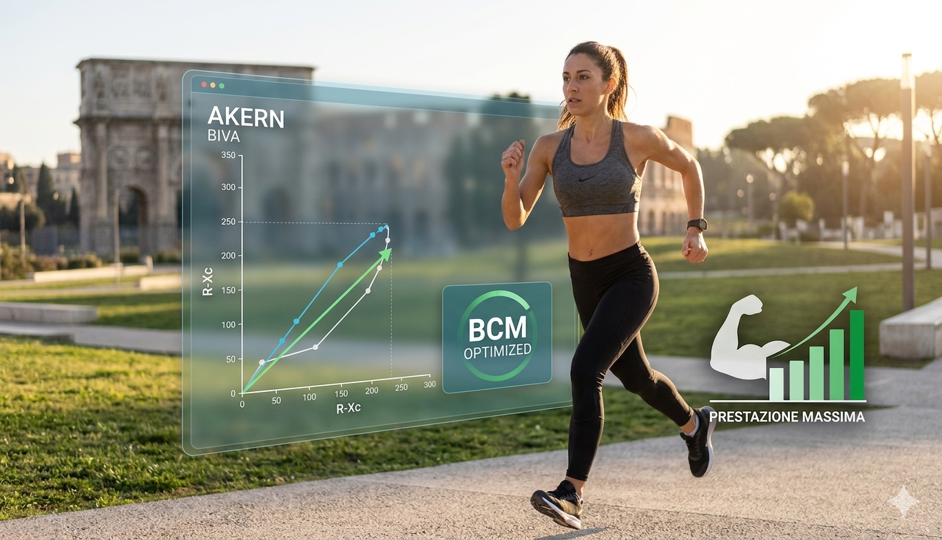 Grafico BIVA Akern e atleta che corre all'alba a Roma, a simboleggiare l'ottimizzazione della performance muscolare.