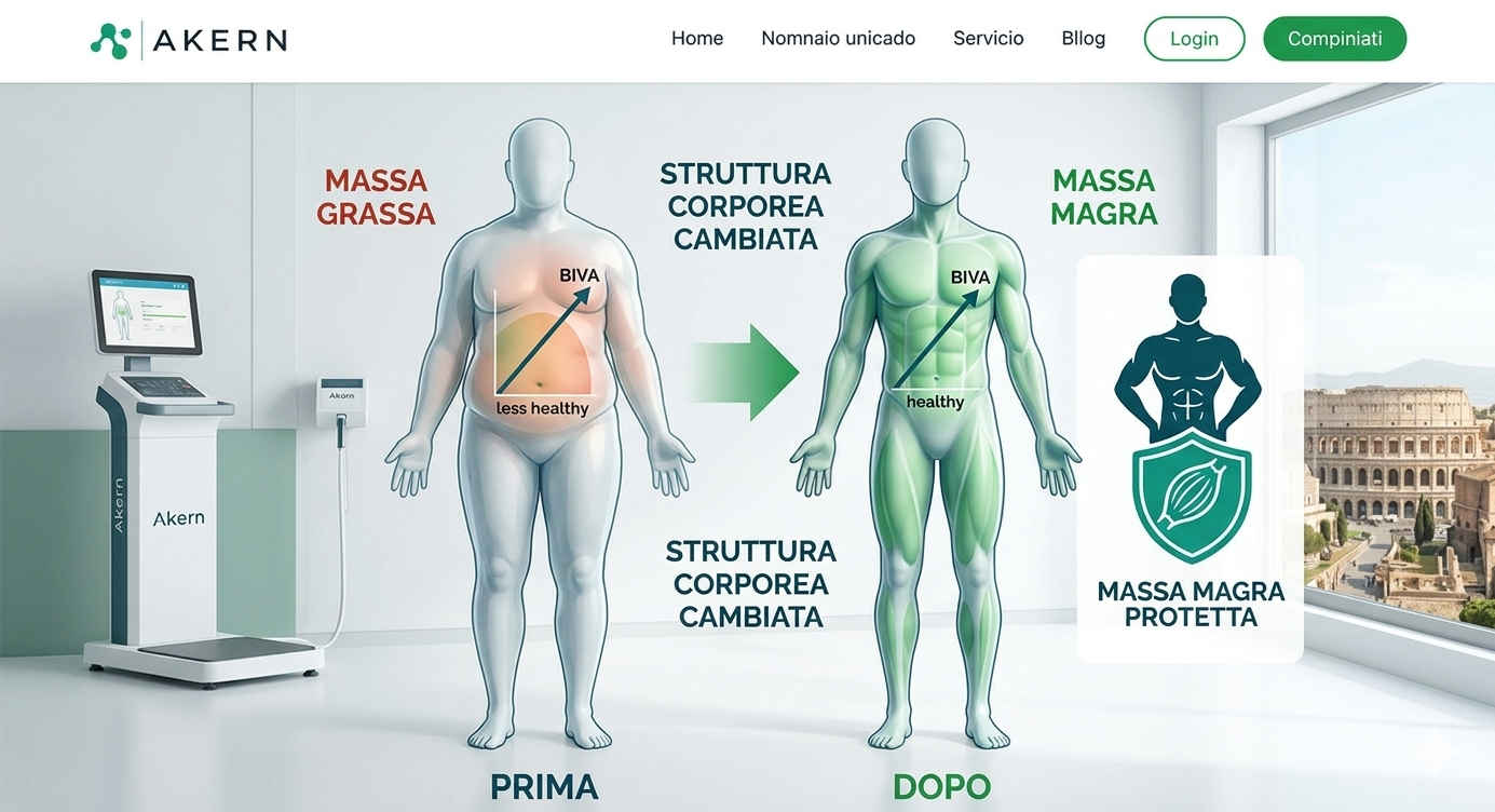 Illustrazione scientifica della ricomposizione corporea a Roma, con grafici BIVA che mostrano la perdita di grasso e il mantenimento del muscolo.