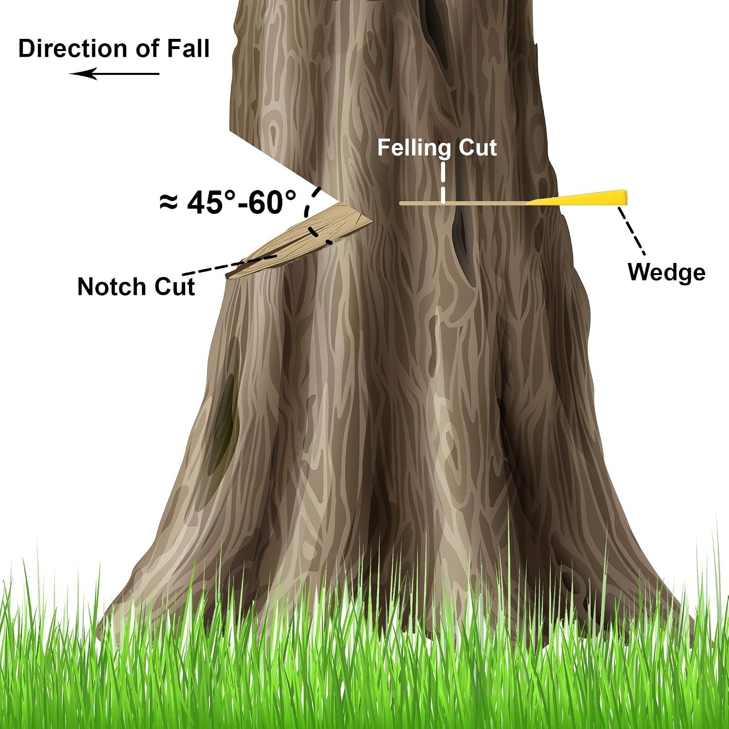 Technical infographic outlining the 4-step ANSI Z133 directional felling mechanics: drop zones, open-face notch geometry, cutting sequence, and safe retreat paths.