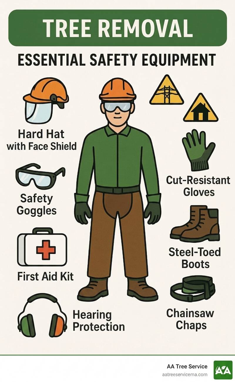 Infographic of a person wearing essential safety equipment for tree removal, including a hard hat with face shield, safety goggles, hearing protection, cut-resistant gloves, steel-toed boots, chainsaw chaps, a first aid kit, and hazard warning signs.
