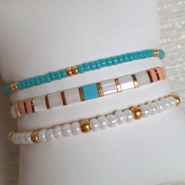 Armbandenset wit met turkoois