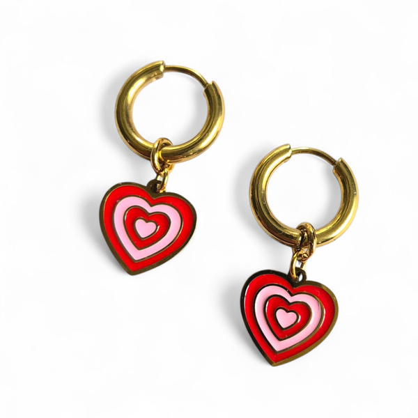 Creolen met RVS hart van roze en rode emaille