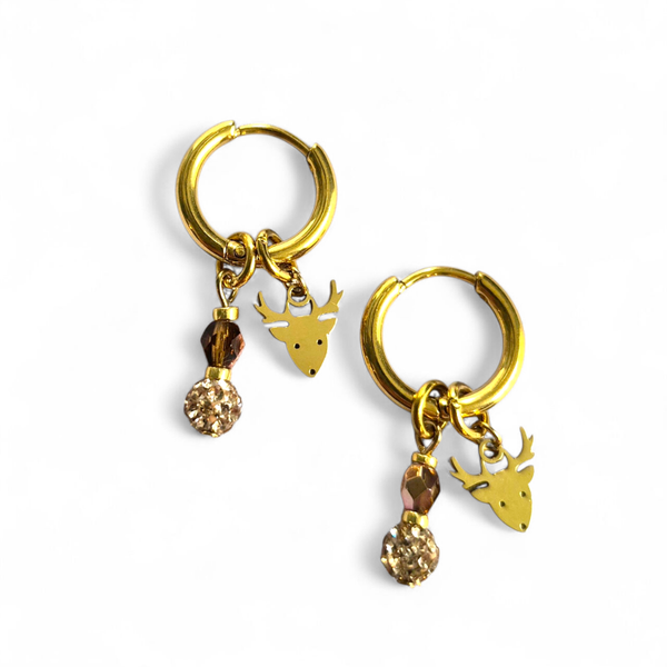 Creolen met bruin glittersteentje en RVS rendiertje