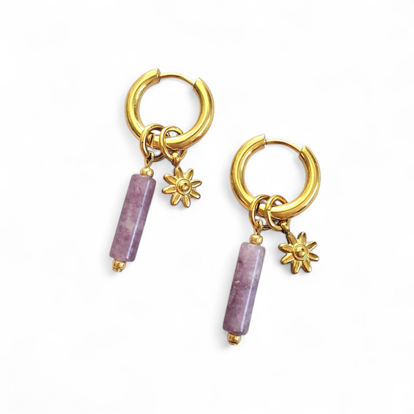 Creolen met paarse Lepidoliet en bloembedel