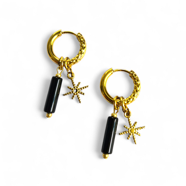 Creolen met zwarte onyx en RVS kerstster