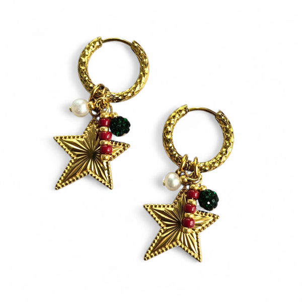 Creolen met  RVS kerstster en hangertjes