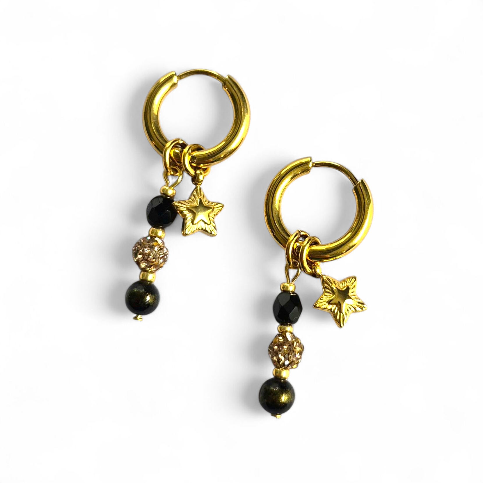 Creolen met zwarte jade en RVS sterretje