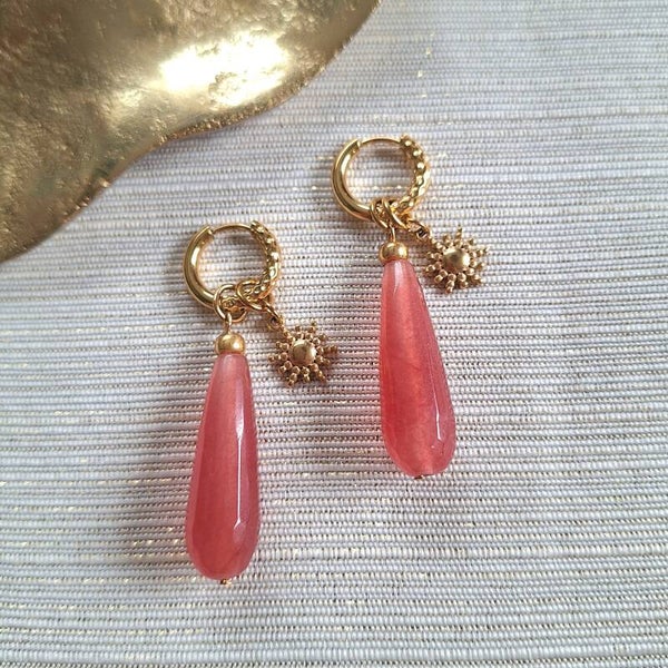 Creolen met roze Jade druppel