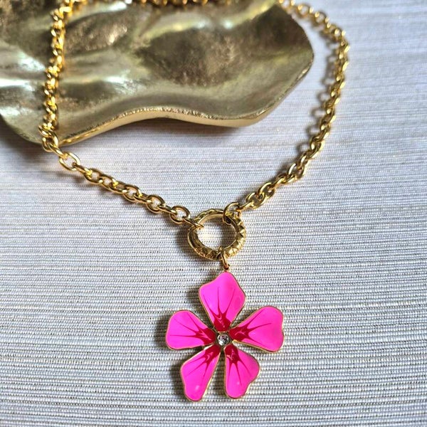 RVS schakelketting met roze bloembedel
